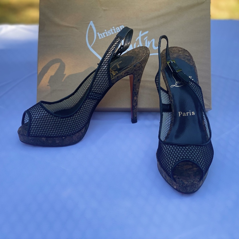 Christian Louboutin Mlle Marchand Slingback Heels Black Mesh & Cork – Size 38.5